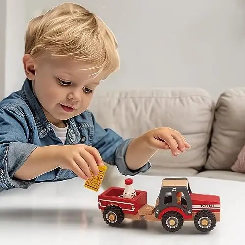 WoodenEdu Wooden Tractor Toys for Toddlers 1-3, Baby Vehicle Toys Hand Push Car Toys for 1 2 3 Year Old Boys Girls (Red) - 6