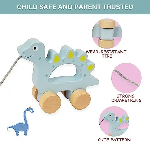 WoodenEdu Baby Toys Car,Wooden Pull Along Toddler Toy, Developmental Toy for 1 Year Old Girl Boy Birthday Gift (Dinosaur) - 3