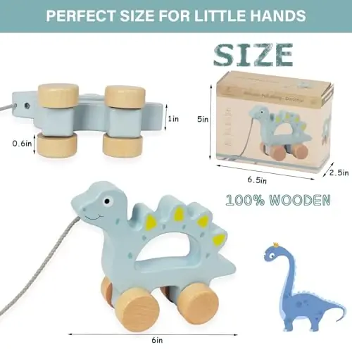WoodenEdu Baby Toys Car,Wooden Pull Along Toddler Toy, Developmental Toy for 1 Year Old Girl Boy Birthday Gift (Dinosaur) - 6