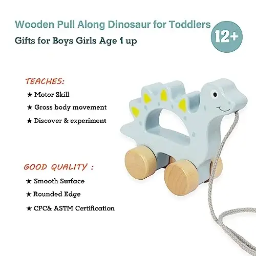 WoodenEdu Baby Toys Car,Wooden Pull Along Toddler Toy, Developmental Toy for 1 Year Old Girl Boy Birthday Gift (Dinosaur) - 2