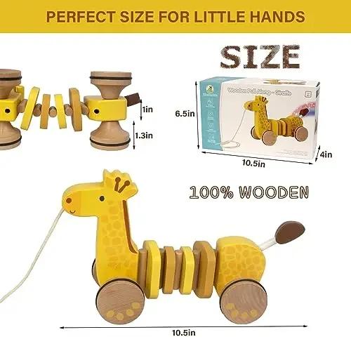 WoodenEdu Baby Toys Car,Wooden Pull Along Toddler Toy, Developmental Toy for 1 Year Old Girl Boy Birthday Gift (Giraffe) - 6