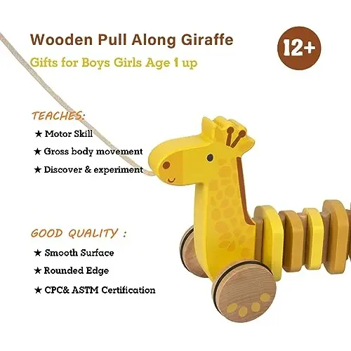 WoodenEdu Baby Toys Car,Wooden Pull Along Toddler Toy, Developmental Toy for 1 Year Old Girl Boy Birthday Gift (Giraffe) - 2