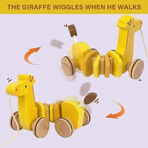 WoodenEdu Baby Toys Car,Wooden Pull Along Toddler Toy, Developmental Toy for 1 Year Old Girl Boy Birthday Gift (Giraffe) - 3