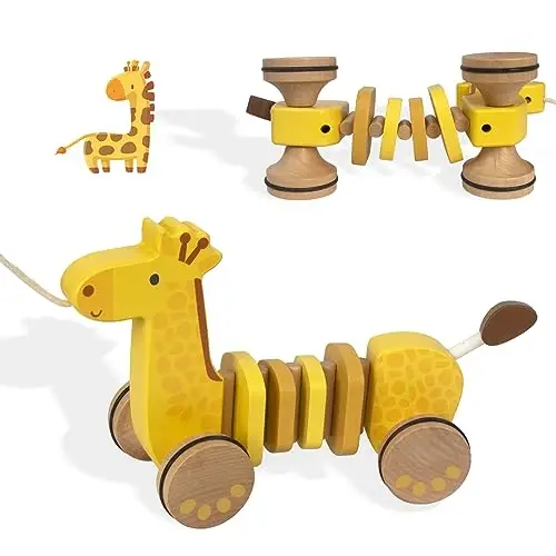 WoodenEdu Baby Toys Car,Wooden Pull Along Toddler Toy, Developmental Toy for 1 Year Old Girl Boy Birthday Gift (Giraffe) - 4