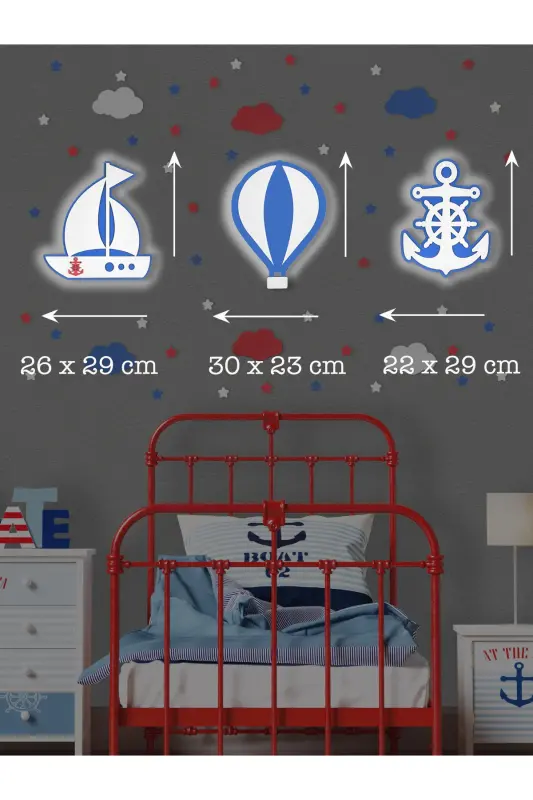 Ahşap Gemi Balon Ve Çapa Figürlü Çocuk Odası Dekoratif Ledli Aydınlatma/gece Lambası 3lü Set-Mavi - 3