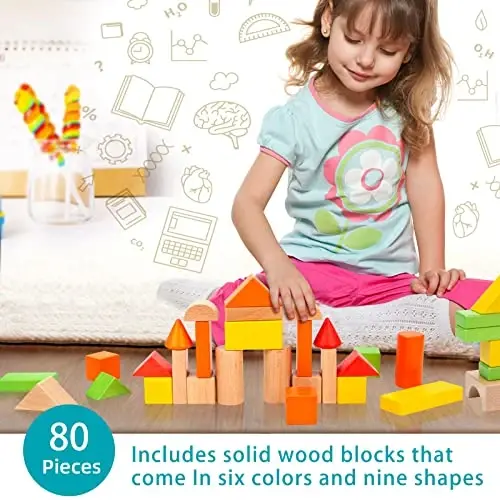 Wooden Building Blocks Set - Stacker Stacking Preschool Learning Educational Toys with Carrying Bag, Toddler Toys for 3+ Year Old Boy and Girl Gifts (80 Pcs) - 3