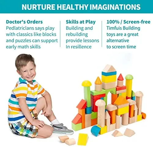 Wooden Building Blocks Set - Stacker Stacking Preschool Learning Educational Toys with Carrying Bag, Toddler Toys for 3+ Year Old Boy and Girl Gifts (80 Pcs) - 4
