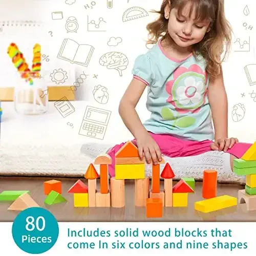 Wooden Building Blocks Set - Stacker Stacking Preschool Learning Educational Toys with Carrying Bag, Toddler Toys for 3+ Year Old Boy and Girl Gifts (80 Pcs) - 3