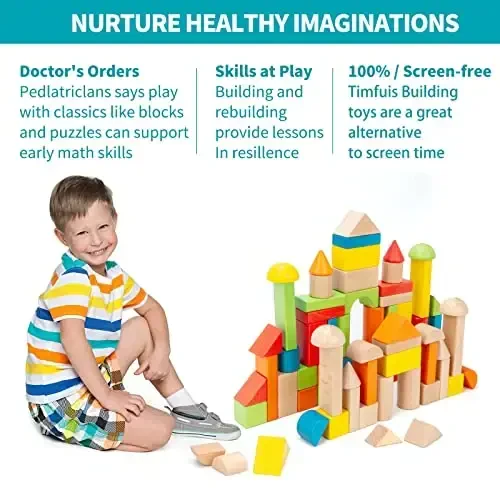 Wooden Building Blocks Set - Stacker Stacking Preschool Learning Educational Toys with Carrying Bag, Toddler Toys for 3+ Year Old Boy and Girl Gifts (80 Pcs) - 4