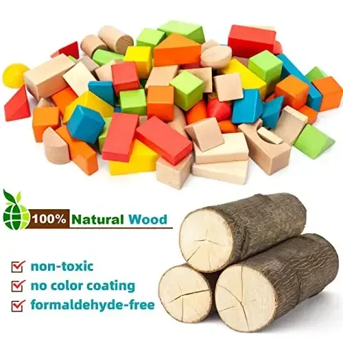 Wooden Building Blocks Set - Stacker Stacking Preschool Learning Educational Toys with Carrying Bag, Toddler Toys for 3+ Year Old Boy and Girl Gifts (80 Pcs) - 5