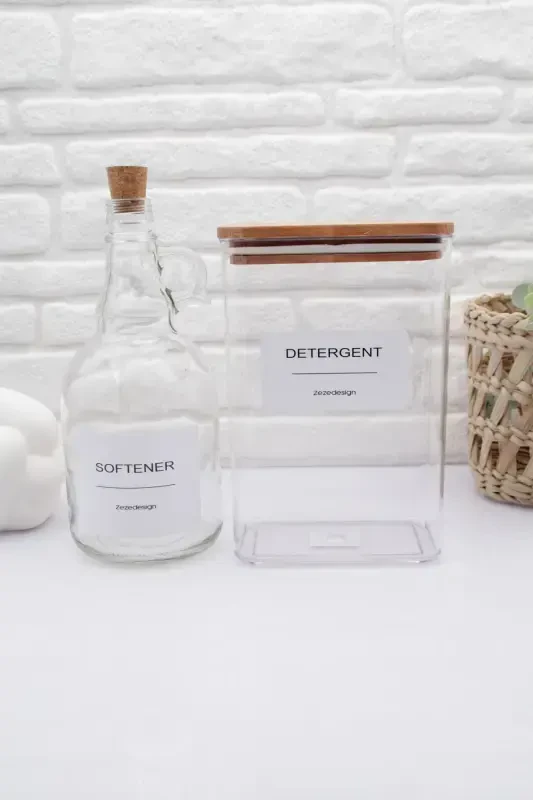 Ahşap Kapaklı Toz Deterjan Kavanozu 2000 ml Yumuşatıcı Şişesi Mantar Kapak 1000 ml-DETERGENT - 4