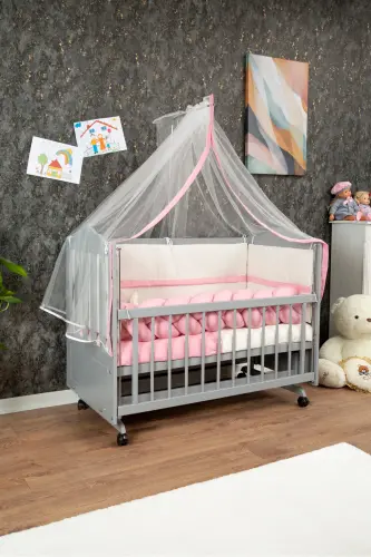 Ahşap Mdf Anne Yanı Beşik, 60x120 4 Kademeli Lake Cilalı Sallanır Bebek Beşiği Tekerlekli Beşik - GRİ-PEMBE - 2