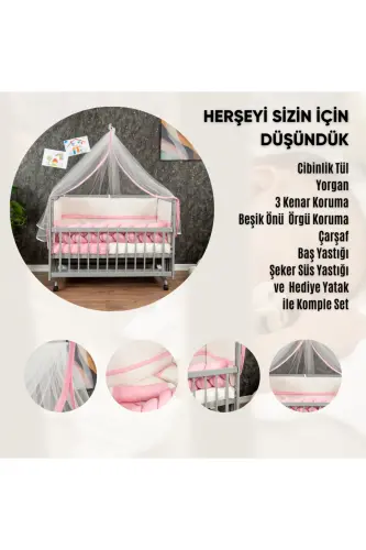Ahşap Mdf Anne Yanı Beşik, 60x120 4 Kademeli Lake Cilalı Sallanır Bebek Beşiği Tekerlekli Beşik - GRİ-PEMBE - 6