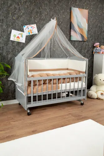 Ahşap Mdf Anne Yanı Beşik, 60x120 4 Kademeli Lake Cilalı Sallanır Bebek Beşiği Tekerlekli Beşik-GRİ 