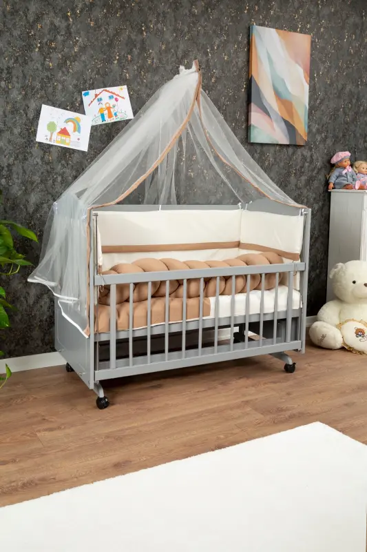 Ahşap Mdf Anne Yanı Beşik, 60x120 4 Kademeli Lake Cilalı Sallanır Bebek Beşiği Tekerlekli Beşik-GRİ - 1