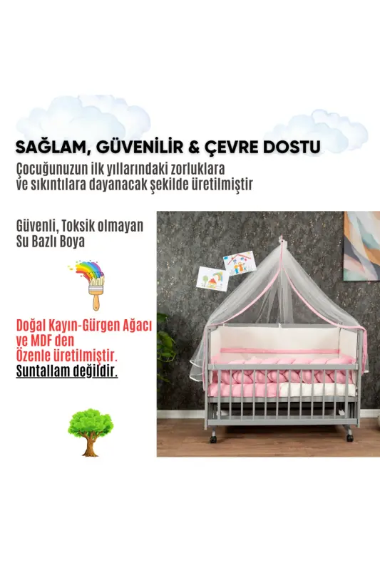 Ahşap Mdf Anne Yanı Beşik, 60x120 4 Kademeli Lake Cilalı Sallanır Bebek Beşiği Tekerlekli Beşik - GRİ-GRİ - 5