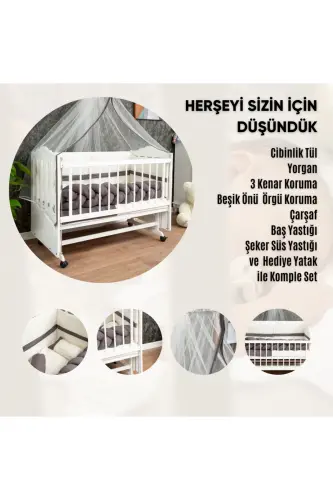 Ahşap Mdf Anne Yanı Beşik, 60x120 4 Kademeli Lake Cilalı Sallanır Bebek Beşiği Tekerlekli Beşik-GRİ - 5