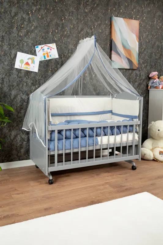 Ahşap Mdf Anne Yanı Beşik, 60x120 4 Kademeli Lake Cilalı Sallanır Bebek Beşiği Tekerlekli Beşik-GRİ - 1