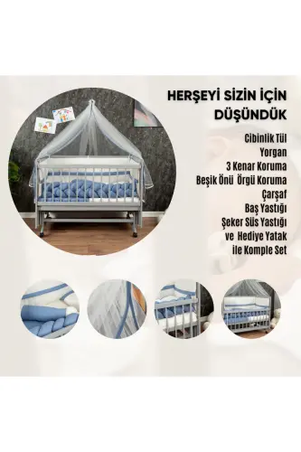 Ahşap Mdf Anne Yanı Beşik, 60x120 4 Kademeli Lake Cilalı Sallanır Bebek Beşiği Tekerlekli Beşik - GRİ-MAVİ - 6