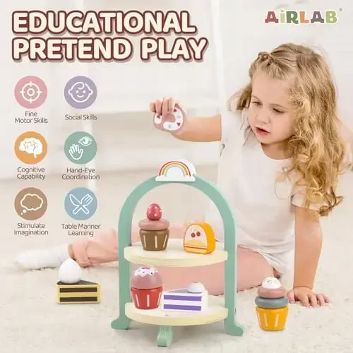 Wooden Cake Toys Tea Party Set, Desserts Food Toy with Cupcake Stand, Kids Pretend Play Kitchen Accessories, Wooden Play Food Set Toy Baking Gift for 3 4 5 Years Old Girls Boys - WOODEN (1)