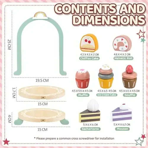 Wooden Cake Toys Tea Party Set, Desserts Food Toy with Cupcake Stand, Kids Pretend Play Kitchen Accessories, Wooden Play Food Set Toy Baking Gift for 3 4 5 Years Old Girls Boys - 6