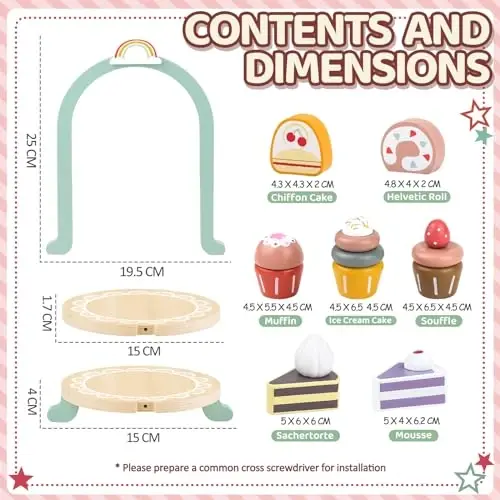 Wooden Cake Toys Tea Party Set, Desserts Food Toy with Cupcake Stand, Kids Pretend Play Kitchen Accessories, Wooden Play Food Set Toy Baking Gift for 3 4 5 Years Old Girls Boys - 6