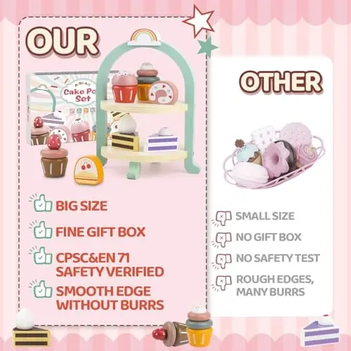 Ahşap Pasta Oyuncakları Çay Partisi Seti, Cupcake Standlı Tatlılar Yemek Oyuncağı, Çocuklar için Mutfak Aksesuarları, 3 4 5 Yaşındaki Kız ve Erkek Çocuklar için Ahşap Oyun Yemek Seti Oyuncak Fırın Hediye - 3