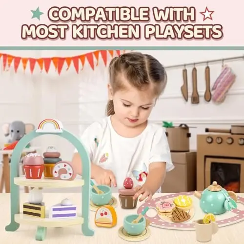 Ahşap Pasta Oyuncakları Çay Partisi Seti, Cupcake Standlı Tatlılar Yemek Oyuncağı, Çocuklar için Mutfak Aksesuarları, 3 4 5 Yaşındaki Kız ve Erkek Çocuklar için Ahşap Oyun Yemek Seti Oyuncak Fırın Hediye - 4