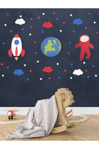 Ahşap Roket Dünya Ve Astronot Figürlü Çocuk Odası Dekoratif Ledli Aydınlatma/gece Lambası 3lü Set-Gri - Modazone (1)
