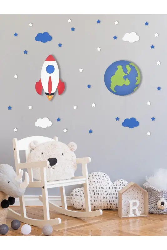 Ahşap Roket Ve Dünya Figürlü Bebek Ve Çocuk Odası Dekoratif Ledli Aydınlatma/gece Lambası 2li Set-Kırmızı - 2