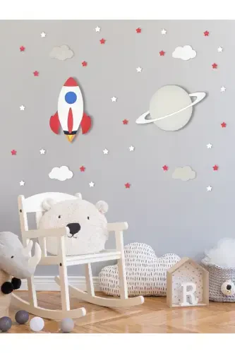 Ahşap Roket Ve Saturn Figürlü Bebek Ve Çocuk Odası Dekoratif Ledli Aydınlatma/gece Lambası 2li Set-Kırmızı - Modazone (1)