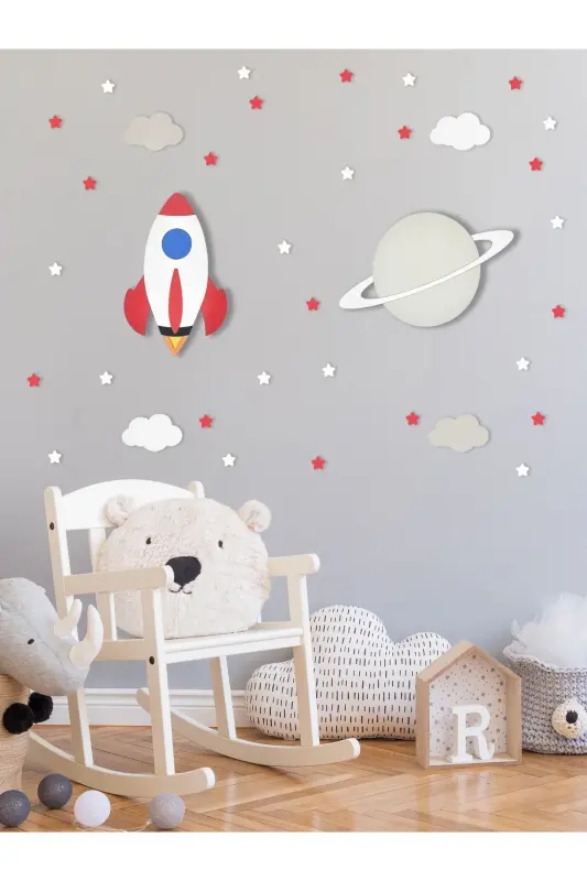 Ahşap Roket Ve Saturn Figürlü Bebek Ve Çocuk Odası Dekoratif Ledli Aydınlatma/gece Lambası 2li Set - Kırmızı-Gri - 2