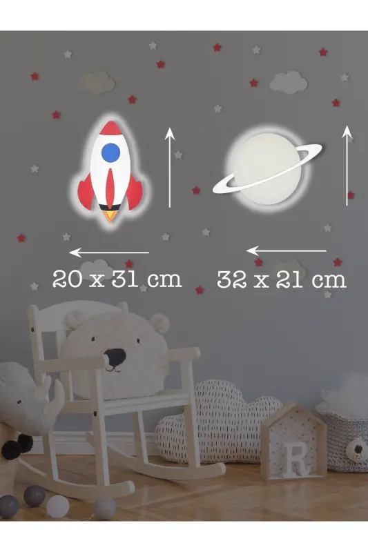 Ahşap Roket Ve Saturn Figürlü Bebek Ve Çocuk Odası Dekoratif Ledli Aydınlatma/gece Lambası 2li Set - Kırmızı-Gri - 3