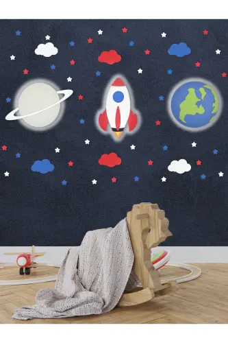 Ahşap Saturn Roket Ve Dünya Figürlü Çocuk Odası Dekoratif Ledli Aydınlatma/gece Lambası 3lü Set - Gri-Kırmızı-Mavi 