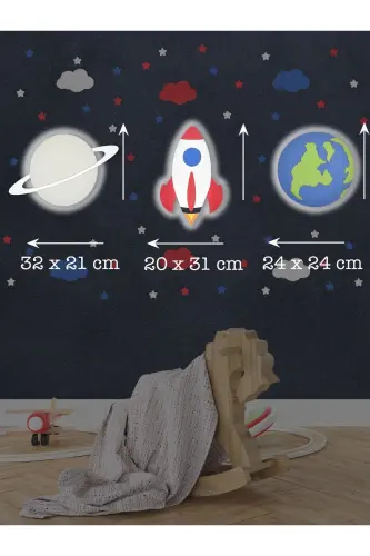 Ahşap Saturn Roket Ve Dünya Figürlü Çocuk Odası Dekoratif Ledli Aydınlatma/gece Lambası 3lü Set - Gri-Kırmızı-Mavi - 3