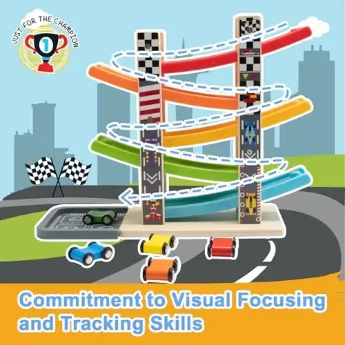 WOOD CITY Toddler Toys for 1 2 3 Years Old, Wooden Car Ramp Racer Toy Vehicle Set with 5/7 Mini Cars & Race Tracks, Montessori Toys Craft Gift for Toddlers Boys and Girls (ramp Racer-5 Layers) - 2