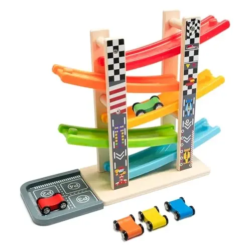 WOOD CITY Toddler Toys for 1 2 3 Years Old, Wooden Car Ramp Racer Toy Vehicle Set with 5/7 Mini Cars & Race Tracks, Montessori Toys Craft Gift for Toddlers Boys and Girls (ramp Racer-5 Layers) - 1