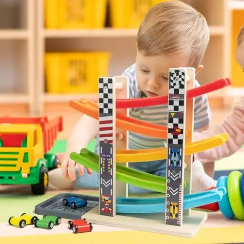 WOOD CITY Toddler Toys for 1 2 3 Years Old, Wooden Car Ramp Racer Toy Vehicle Set with 5/7 Mini Cars & Race Tracks, Montessori Toys Craft Gift for Toddlers Boys and Girls (ramp Racer-5 Layers) - 4