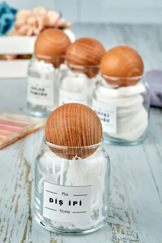 Ahşap Top Kapaklı Diş Ipi Organizeri 300 ml Kavanoz (1ADET) - Ahşap - FBZHOME