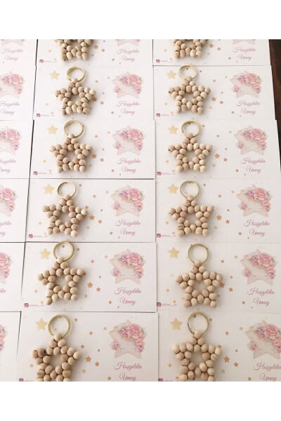 Ahşap Yıldız Anahtarlık 15 adet hediyelik Söz, Nişan, Kına, Nikah, Doğum Günü, Mevlit Hediyesi - 6