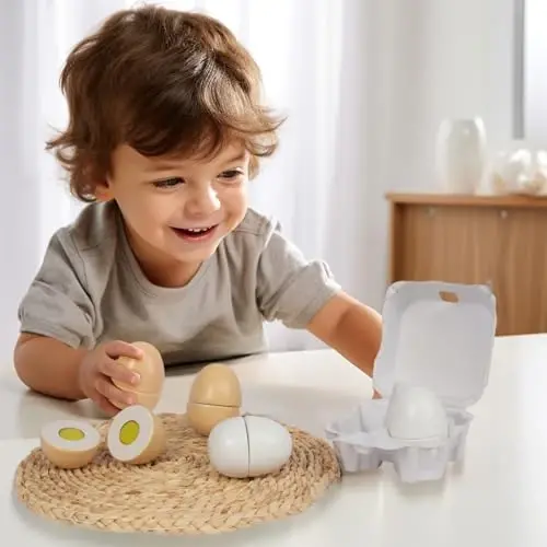 Wooden Eggs, 4PCS Easter Egg Cutting Toys Wooden Play Food Pretend Play Food Sets for Kids Early Development, Christmas Birthday Gifts - 5