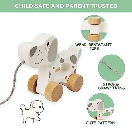 WoodenEdu Baby Toys Car,Wooden Pull Along Toddler Toy, Developmental Toy for 1 Year Old Girl Boy Birthday Gift (Dog) - 34