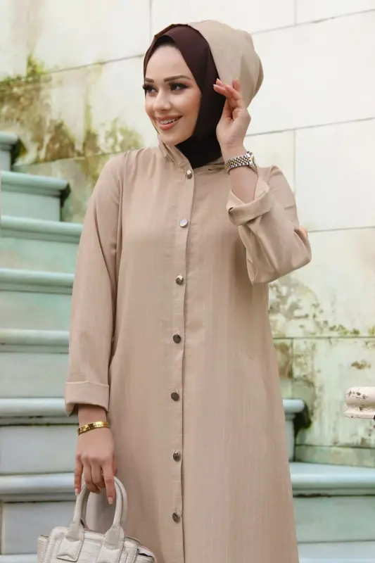 Ahsen Buttoned Coat TSD240103 Mink-Mink - TESETTÜR DÜNYASI