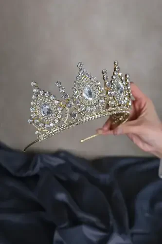 Ahu Damla Crystal Beaded Bridal Henna Crown-Honey Color - 2