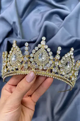 Ahu Damla Crystal Beaded Bridal Henna Crown-Honey Color - 3