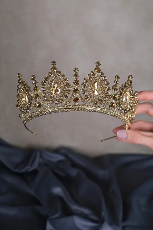 Ahu Damla Crystal Stone Bridal Henna Crown-Gold - 1