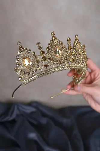 Ahu Damla Crystal Stone Bridal Henna Crown-Gold - 2
