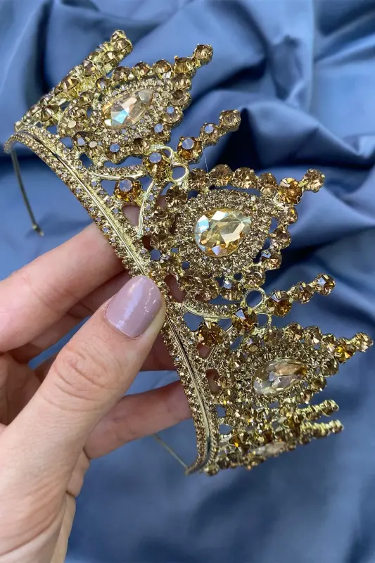 Ahu Damla Crystal Stone Bridal Henna Crown-Gold - 4
