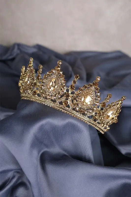 Ahu Damla Crystal Stone Bridal Henna Crown-Gold - 5