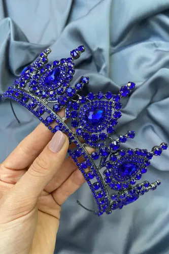 Ahu Damla Crystal Stone Bridal Henna Crown - Royal Blue - 5